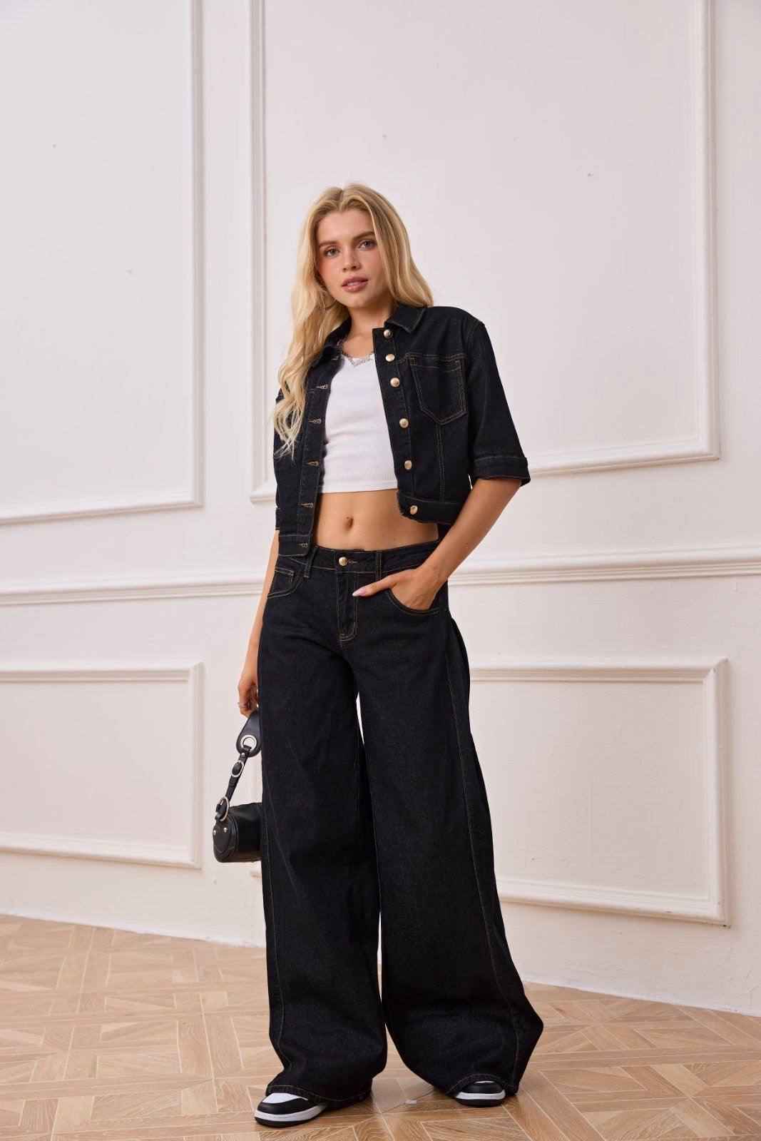 Denim σετ crop τζάκετ & παντελόνι