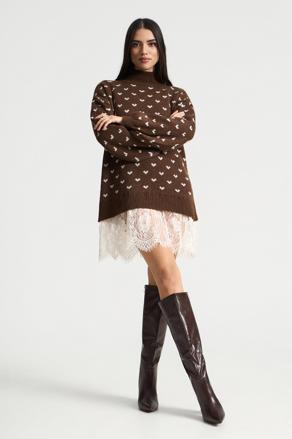 Πλεκτό φόρεμα - μπλούζα με δαντέλα