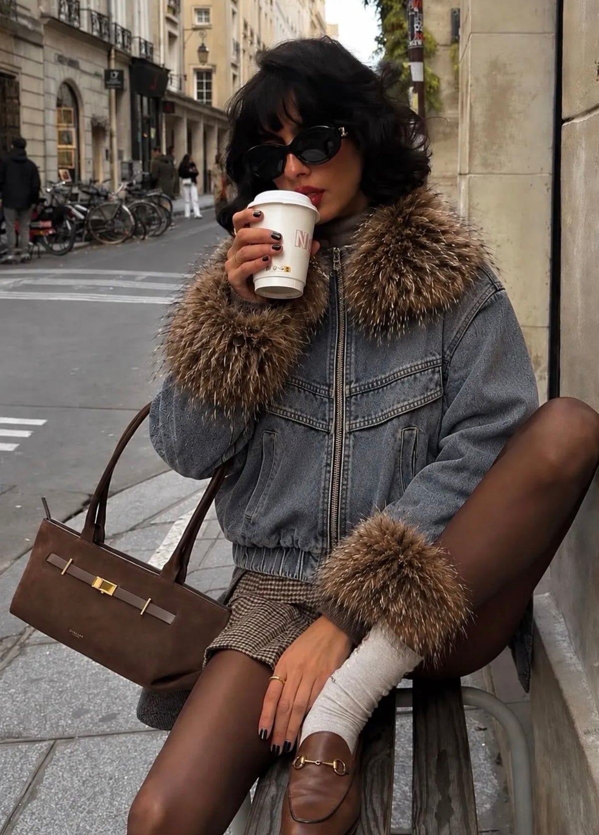 Denim Bomber Jacket με Γούνινο Γιακά