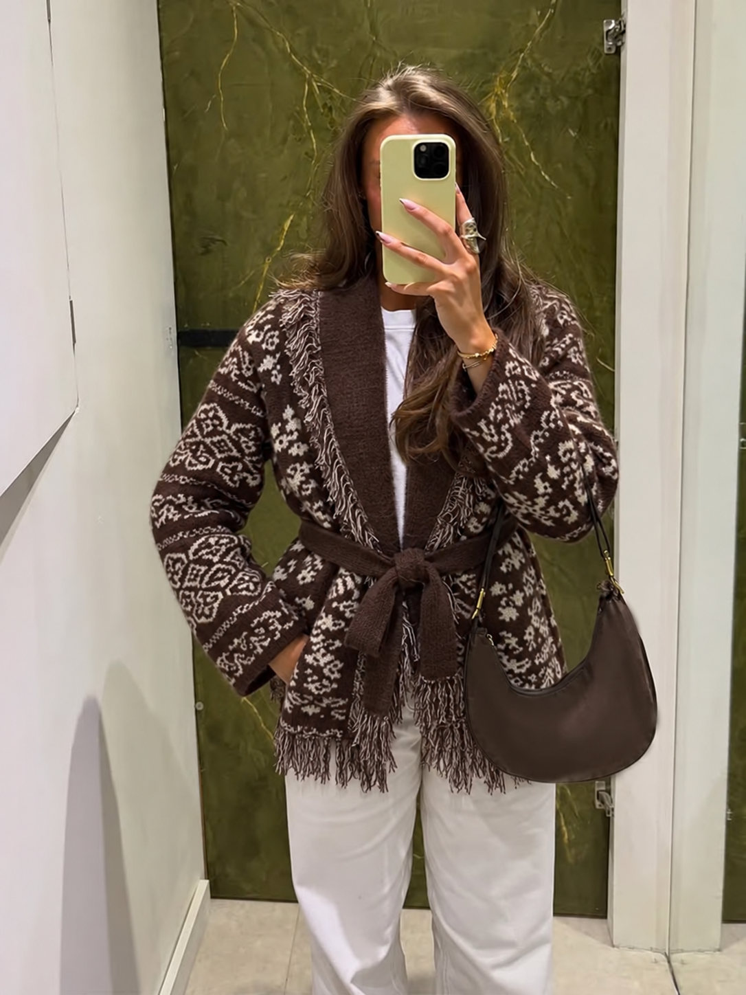 Πλεκτή Ζακέτα Jacquard με Κρόσσια και Ζώνη