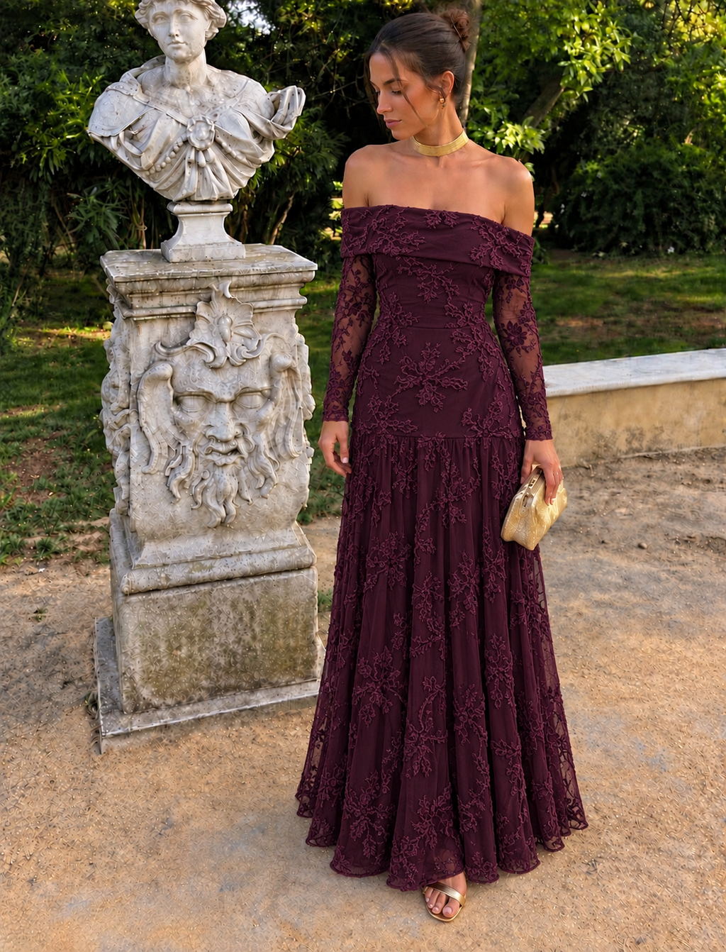 Maxi Φόρεμα Off Shoulder με Floral Κεντητό Σχέδιο