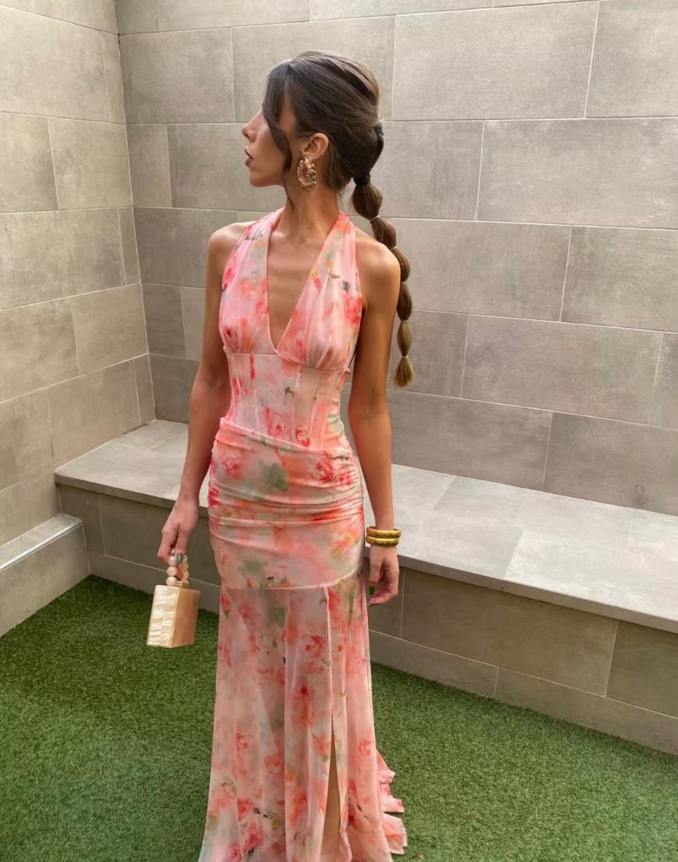 Maxi Φόρεμα Floral με Halter Λαιμό
