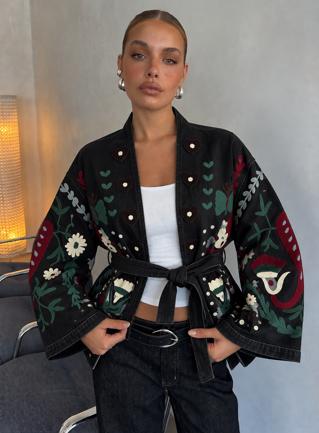 Denim Kimono Jacket με Κεντήματα & Ζώνη