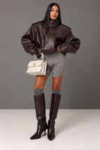 Oversized bomber μπουφάν δερματίνη καφέ