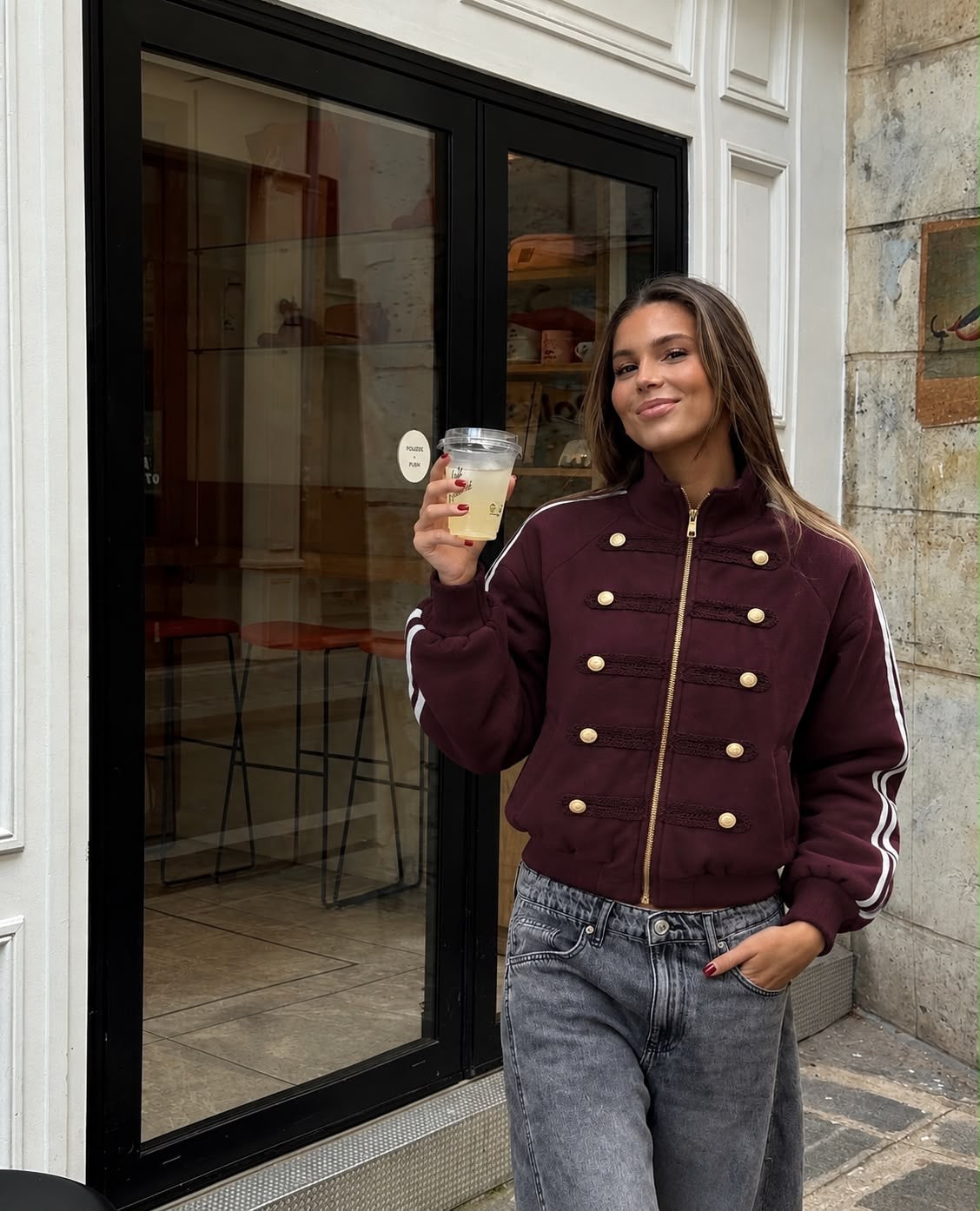 Military Bomber Jacket με Χρυσά Κουμπιά Μπορντώ