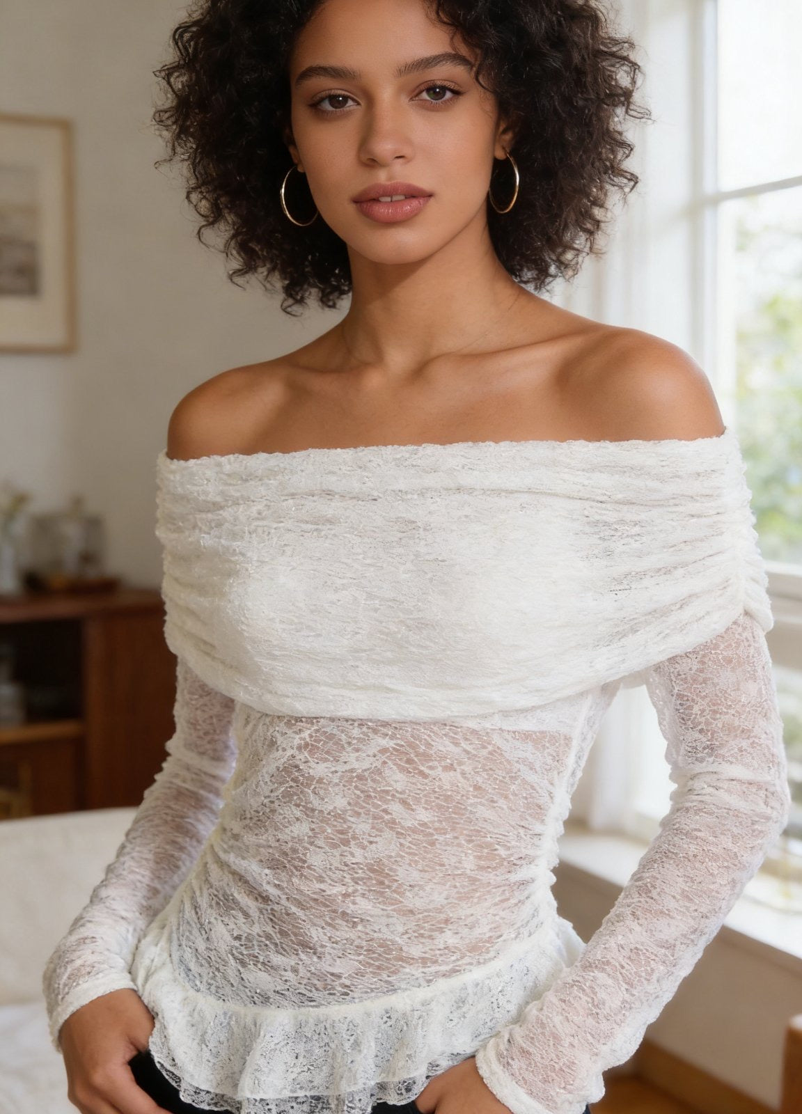 Μπλούζα δαντέλα με έξω ώμους