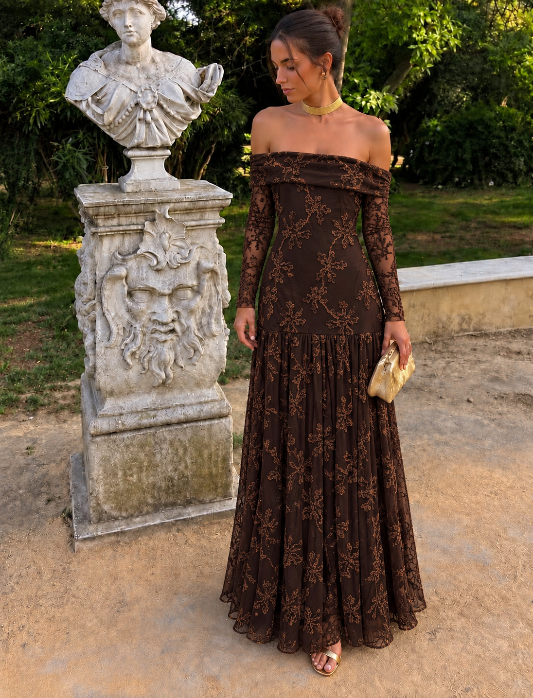 Maxi Φόρεμα Off Shoulder με Floral Κεντητό Σχέδιο