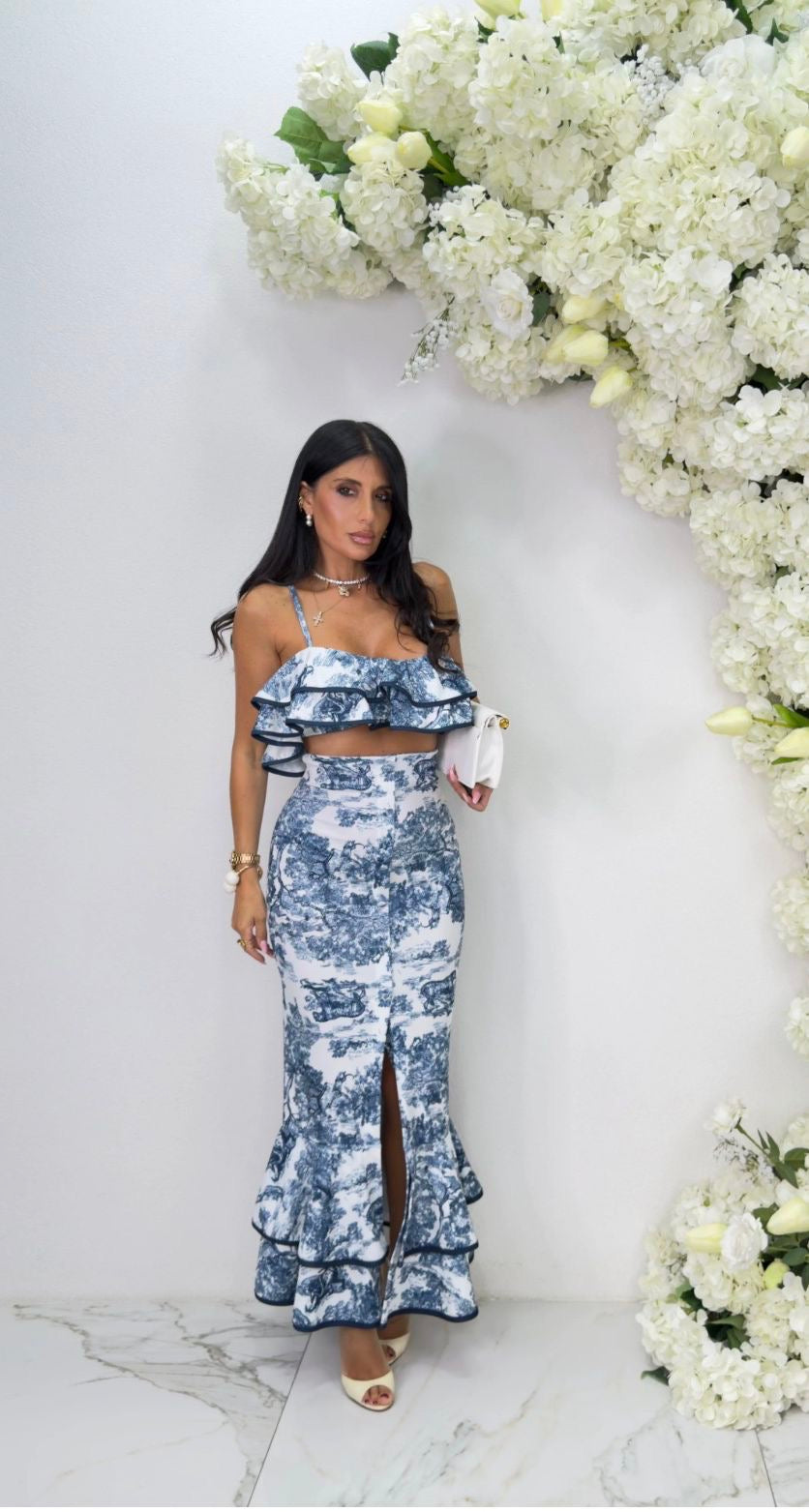 Floral Σετ με Crop Top & Midi Φούστα με Βολάν
