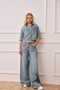 Denim σετ crop τζάκετ & παντελόνι