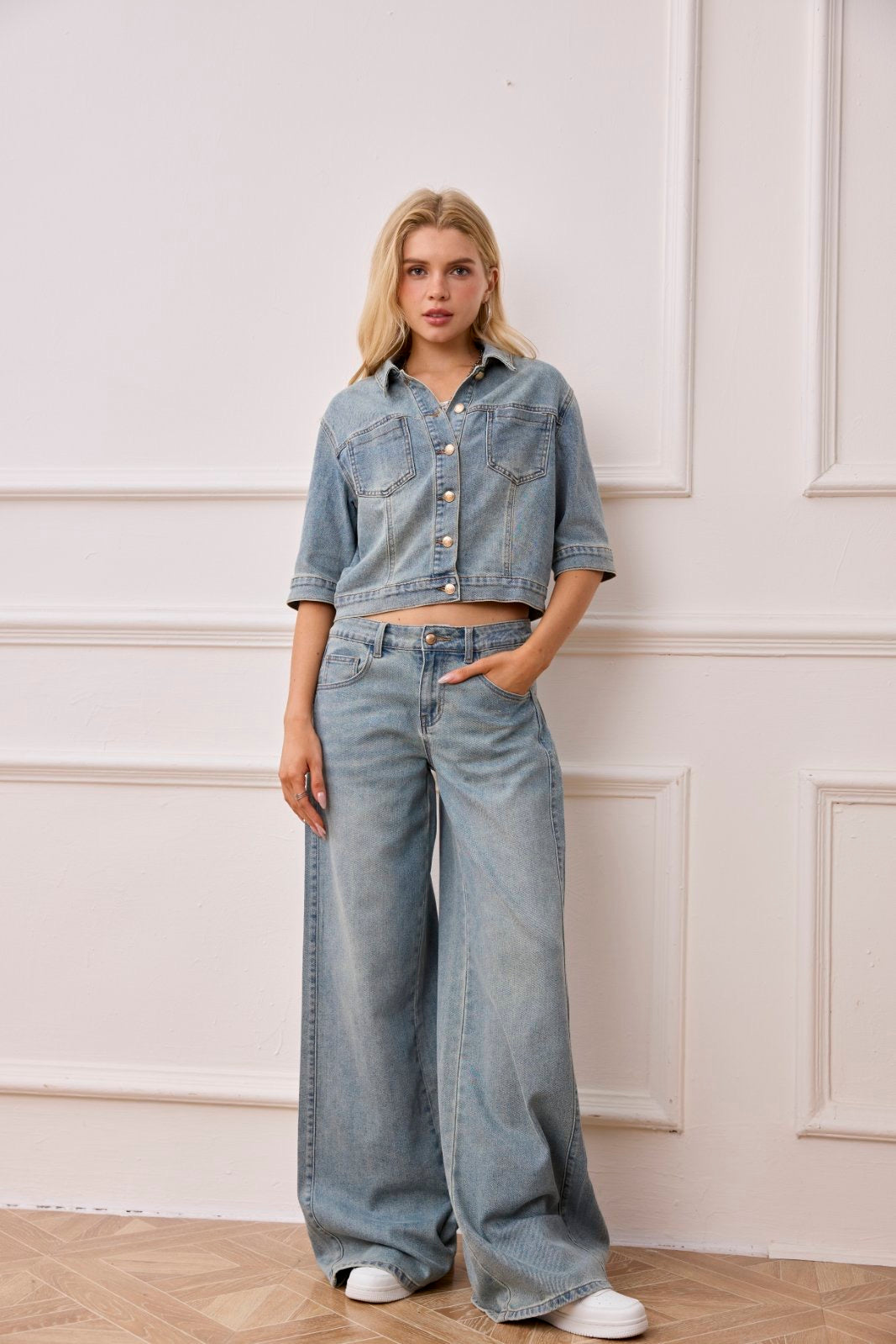 Denim σετ crop τζάκετ & παντελόνι