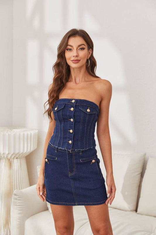 Σετ denim τοπ και φούστα