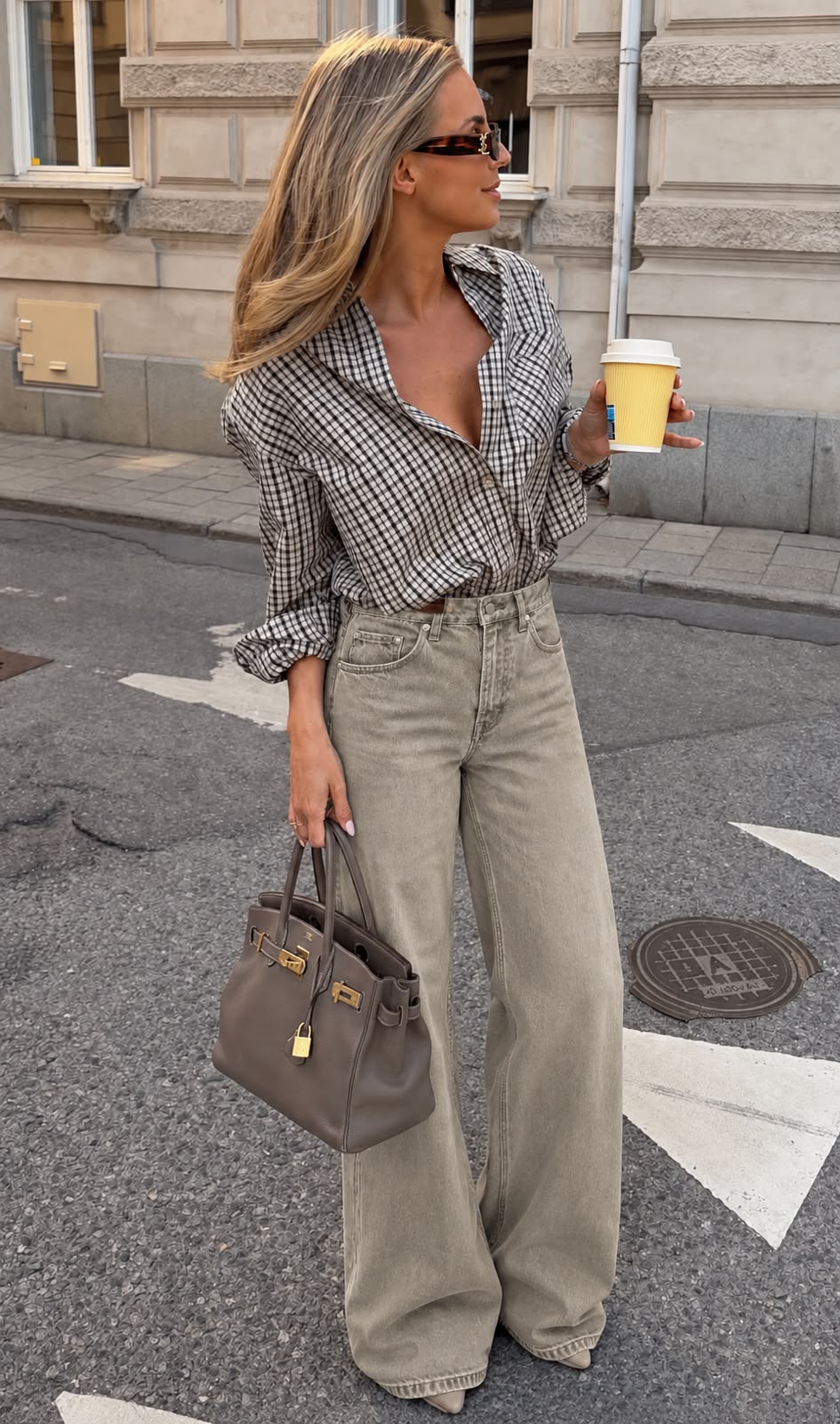 Wide leg τζιν washed μπεζ σε μοντέλο