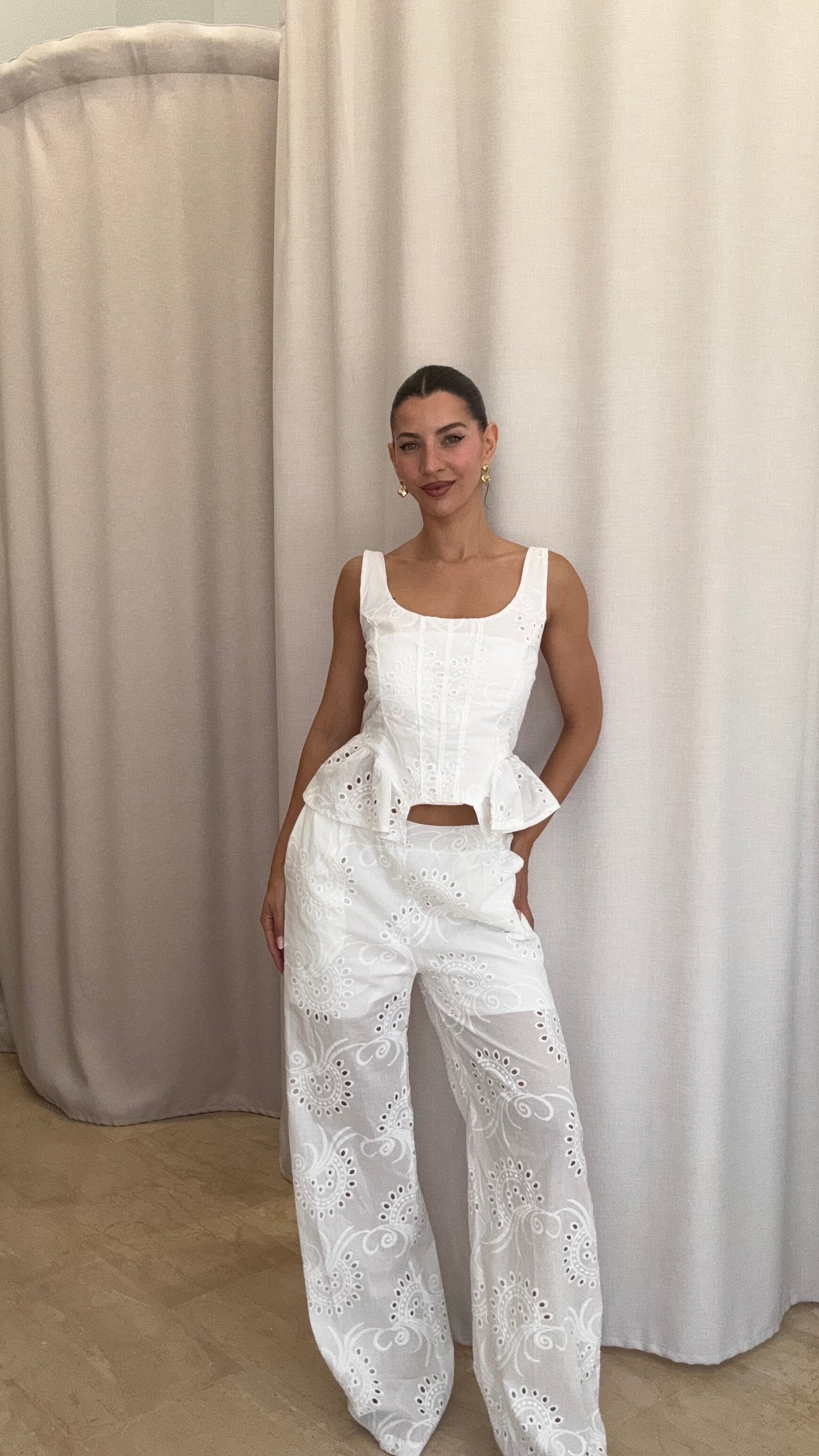 Σετ Broderie με Top και Παντελόνι