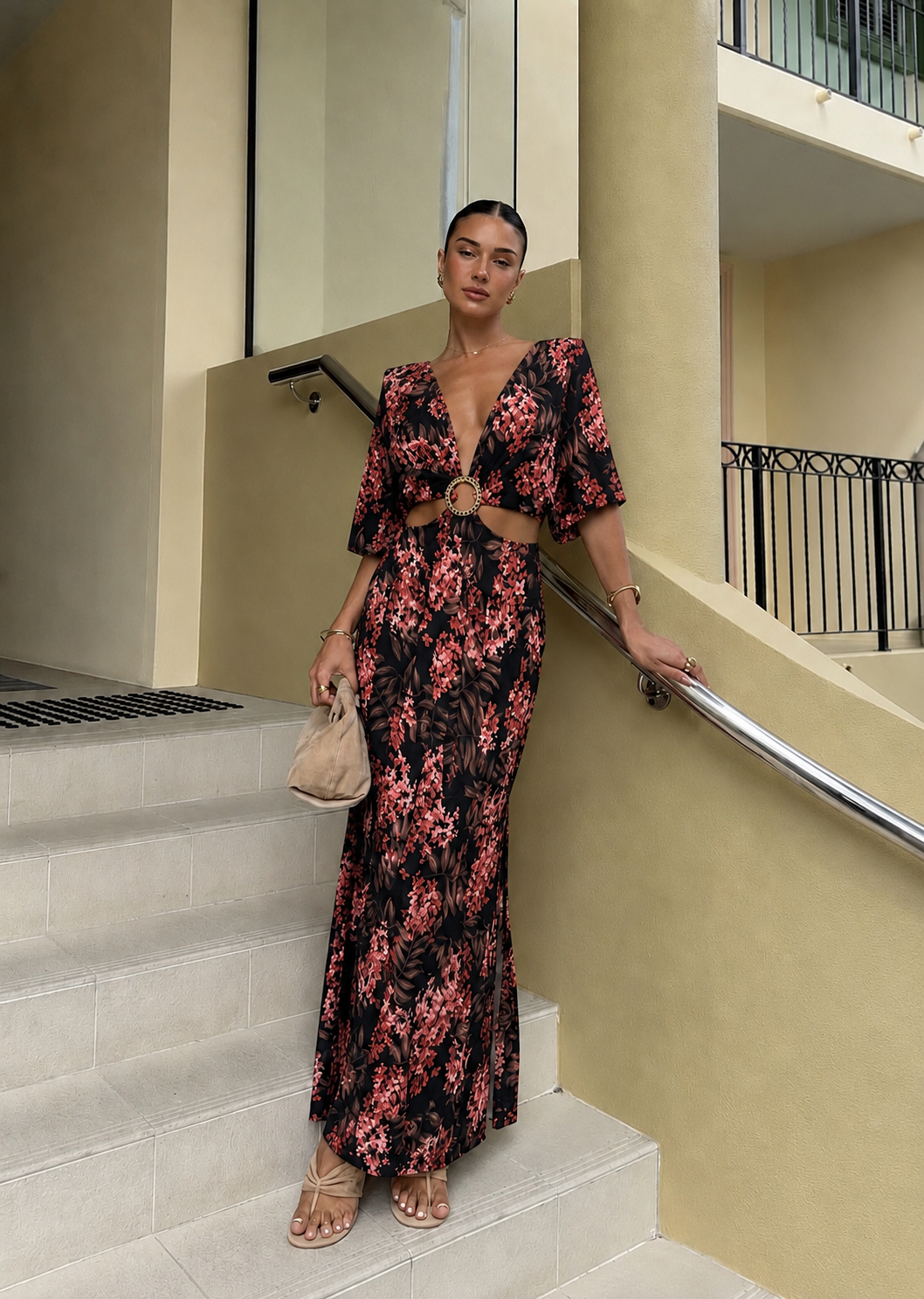 Maxi Floral Φόρεμα Cut-Out