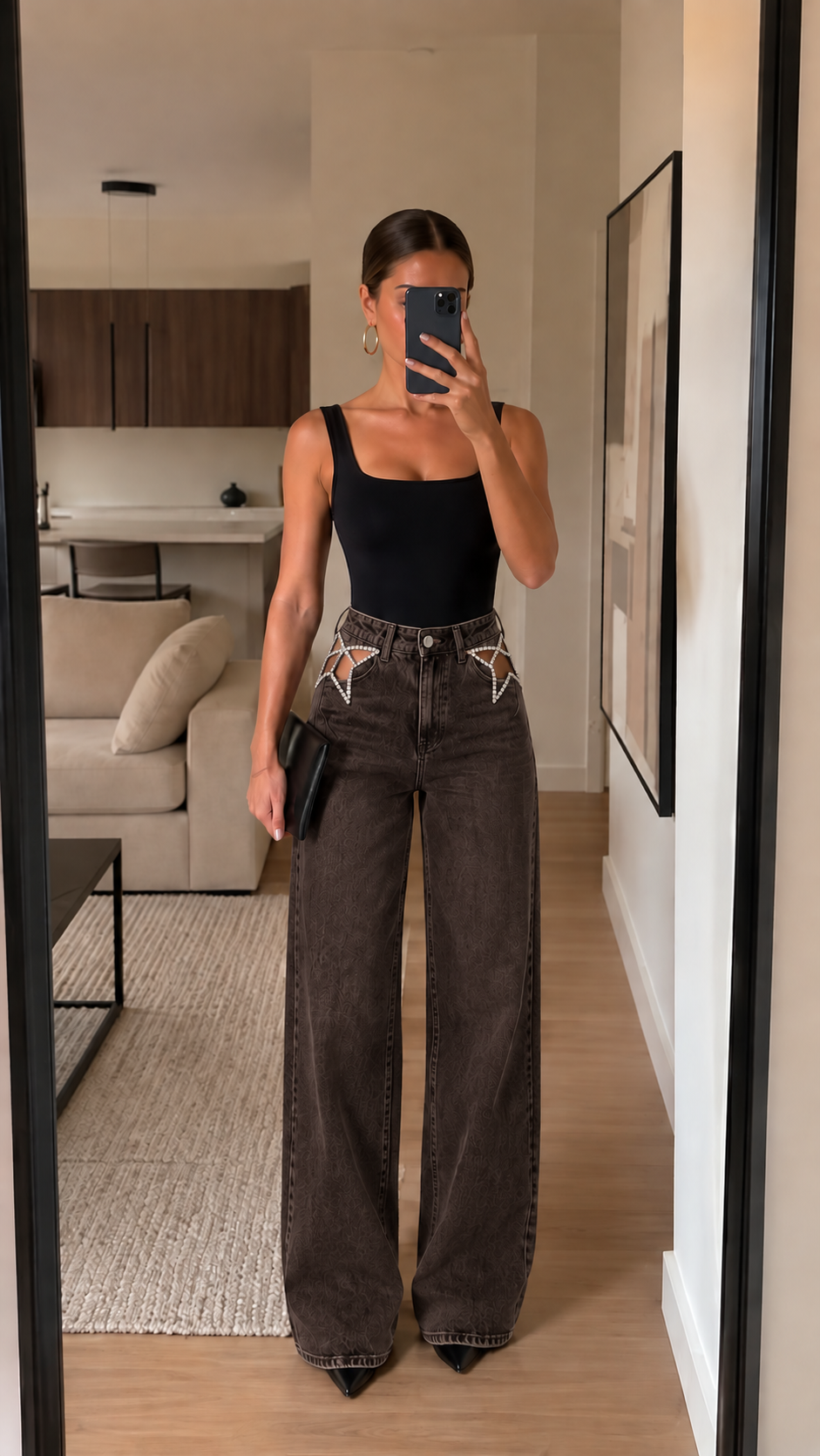 Wide Leg Τζιν με Strass Αστέρια & Cut-Out