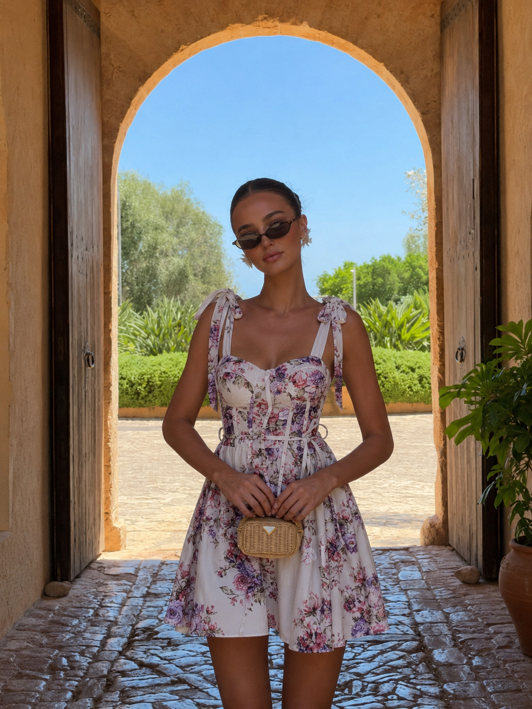 Floral Mini Φόρεμα με Corset Μπούστο