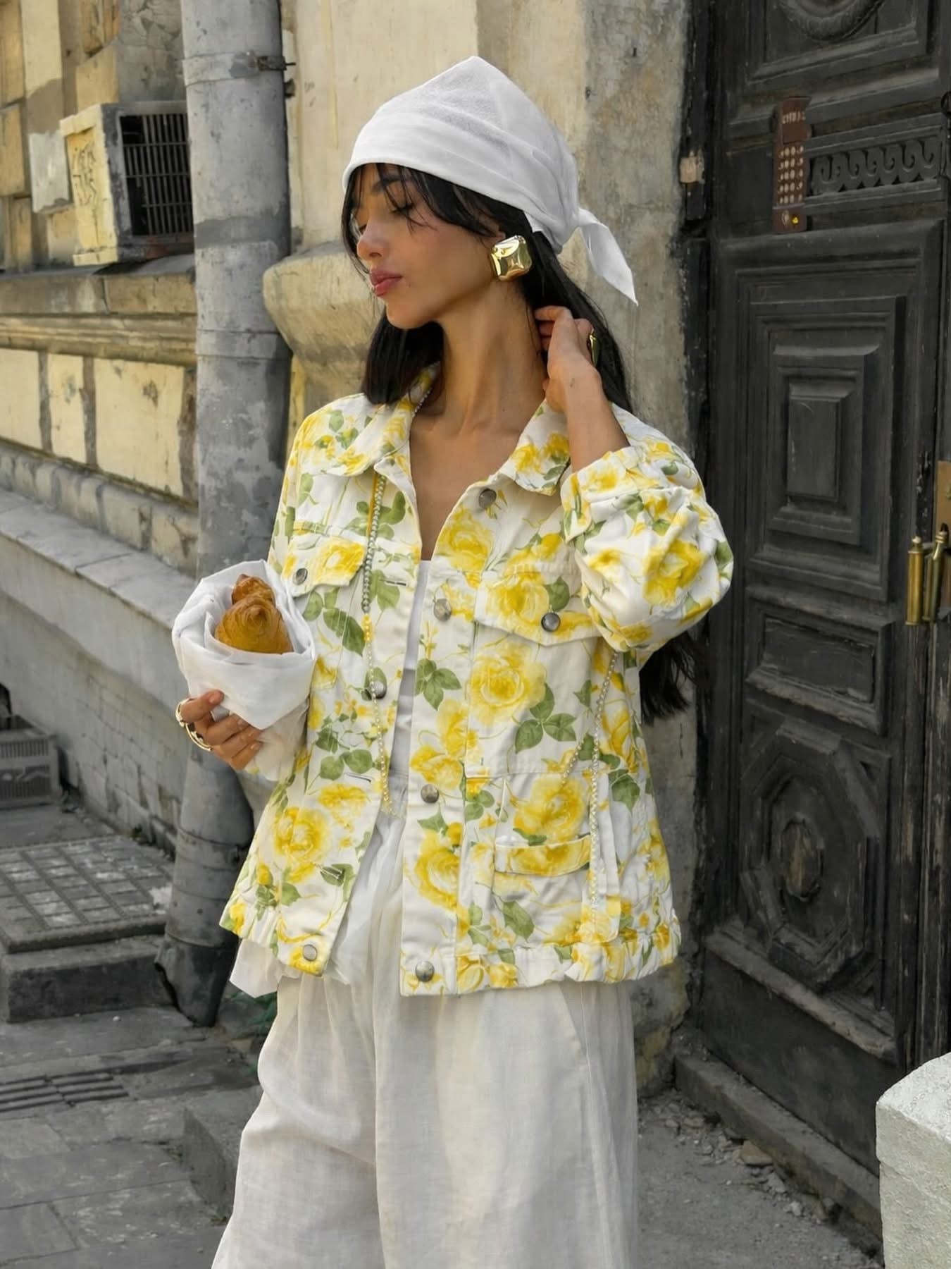 Σετ τζάκετ και παντελόνι  λευκό με λουλούδια Lumina