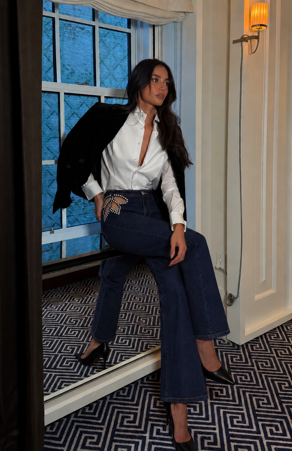 Wide Leg Τζιν με Cut-Out και Strass
