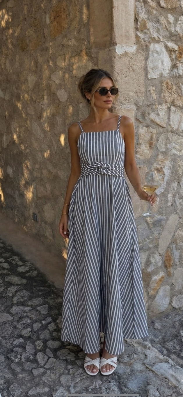 Ριγέ Maxi Φόρεμα με Ζώνη στη Μέση