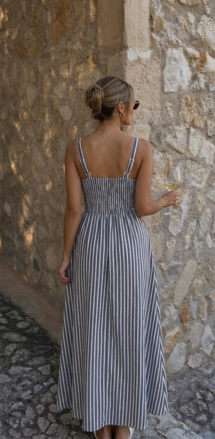Ριγέ Maxi Φόρεμα με Ζώνη στη Μέση