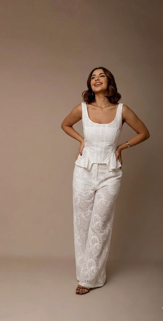 Σετ Broderie με Top και Παντελόνι