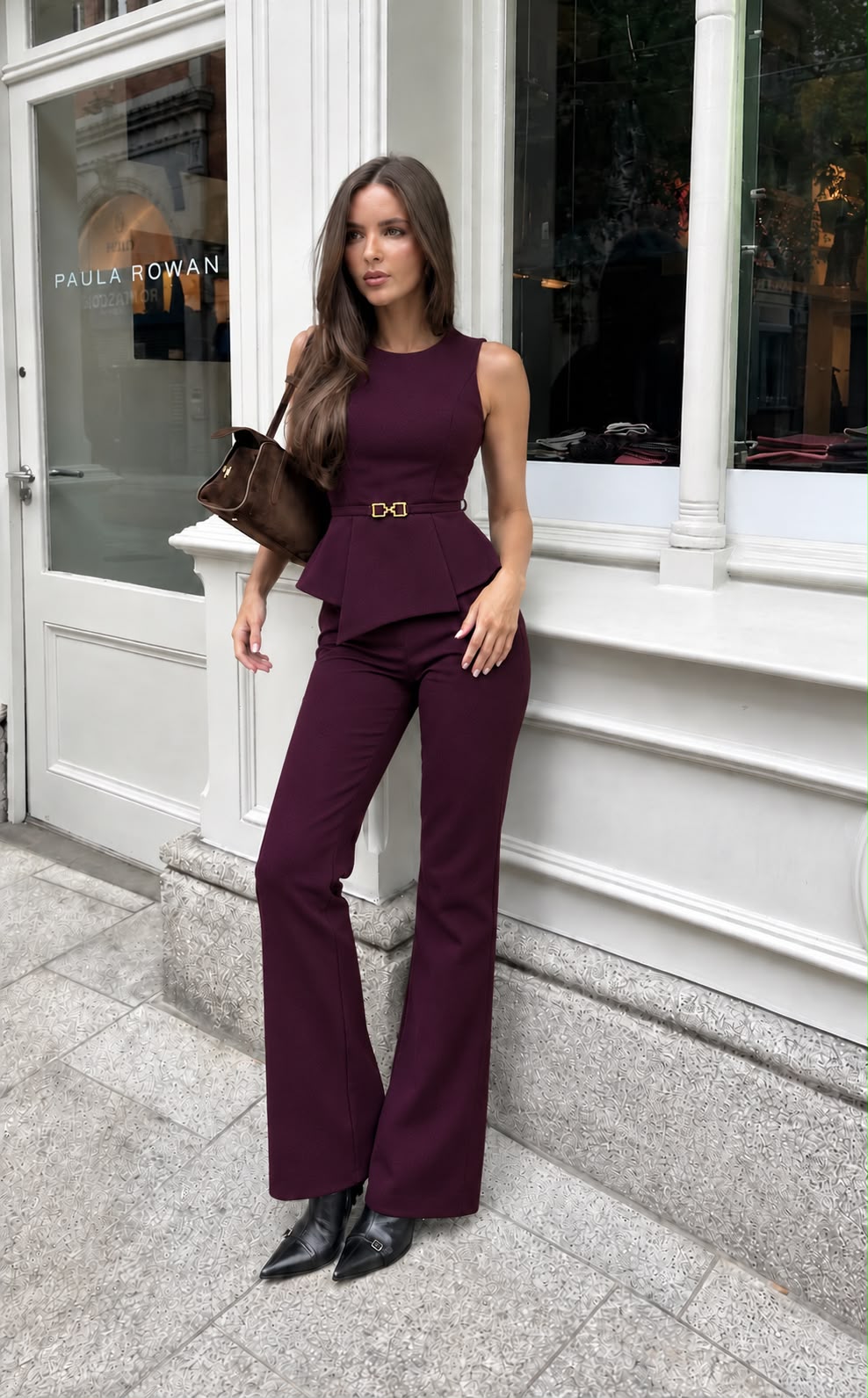 Σετ peplum τοπ και παντελόνι καμπάνα μπορντό