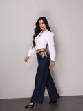 Wide Leg Τζιν με Cut-Out και Strass - Μπλε σκούρο