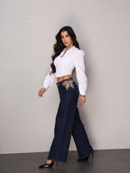 Wide Leg Τζιν με Cut-Out και Strass - Μπλε σκούρο