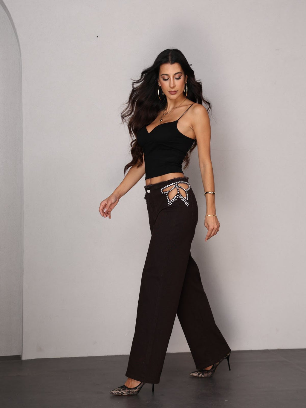 Wide Leg Τζιν με Cut-Out και Strass - Καφέ