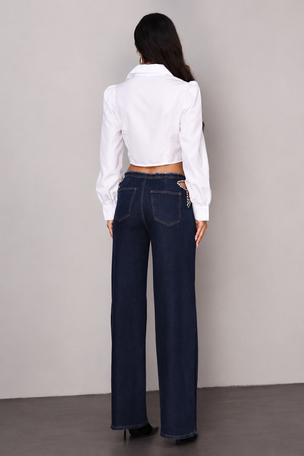 Wide Leg Τζιν με Cut-Out και Strass - Μπλε σκούρο πίσω