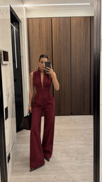 Ολόσωμη Φόρμα με Φερμουάρ και Wide Leg Μπορντώ