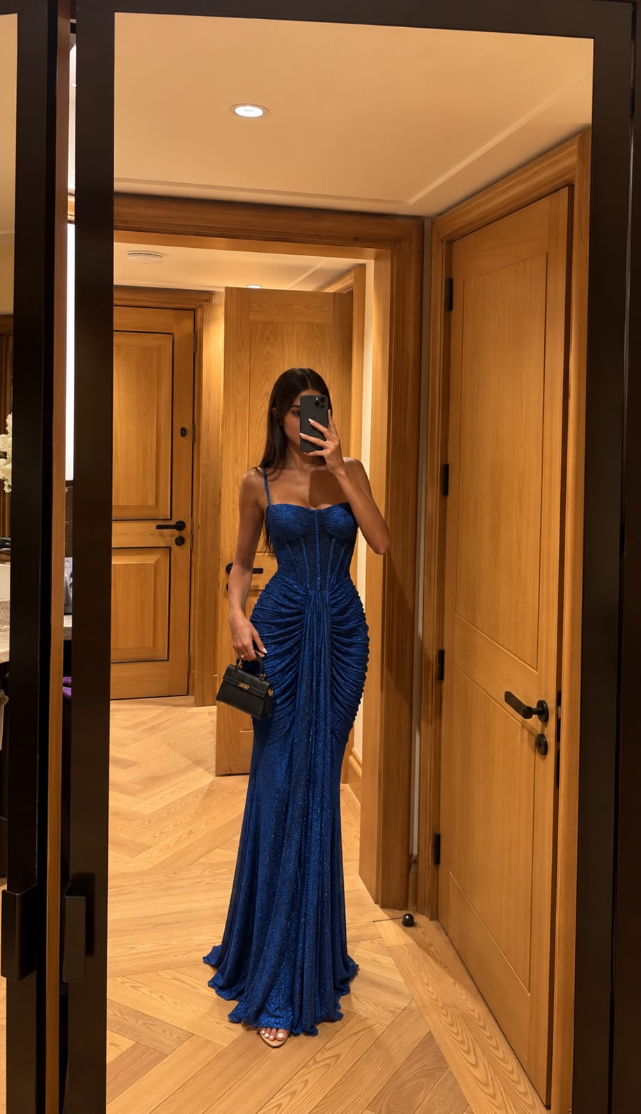Maxi Glitter Φόρεμα Κορσέ με Ντραπέ Μπλε ρουά