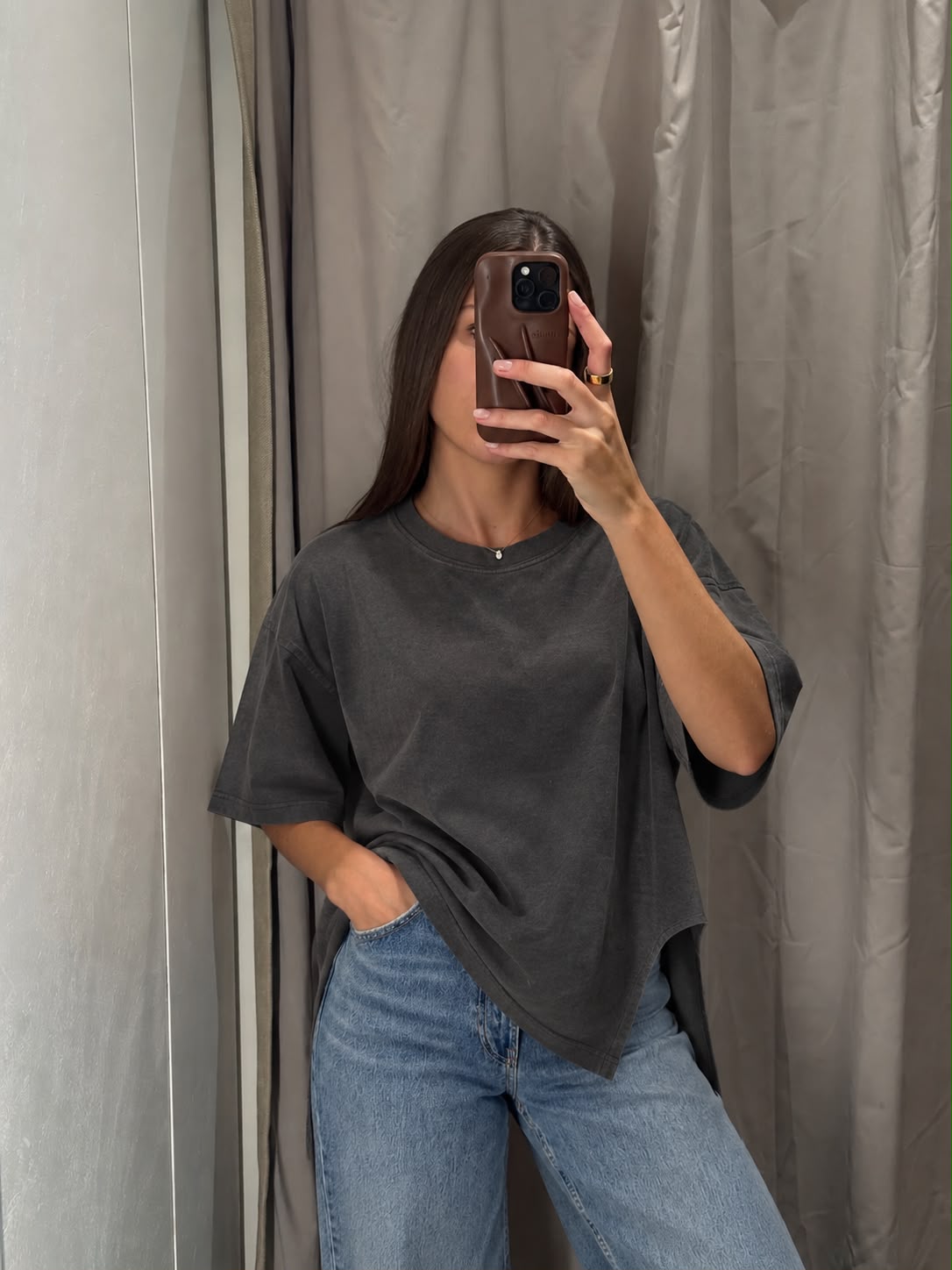 Oversized T-shirt με Σκισίματα στο Πλάι Ανθρακί
