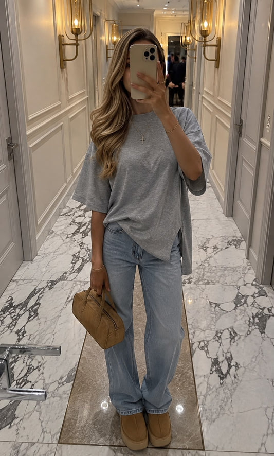 Oversized T-shirt με Σκισίματα στο Πλάι Γκρι