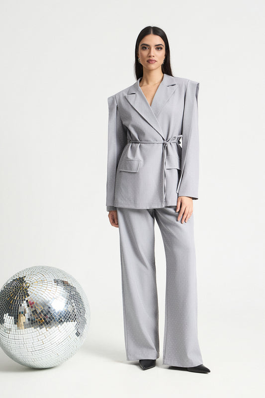 Σετ σακάκι και παντελόνι με στρας γκρι
