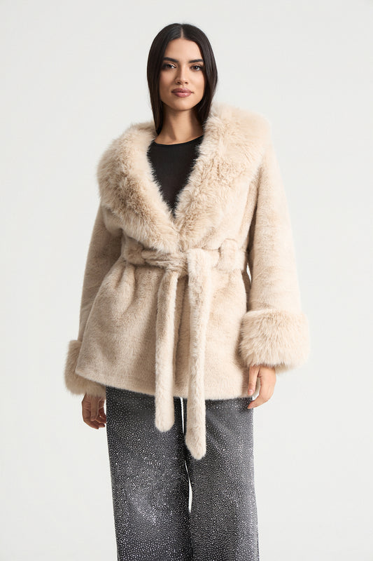 Πανωφόρι faux γούνα με ζώνη