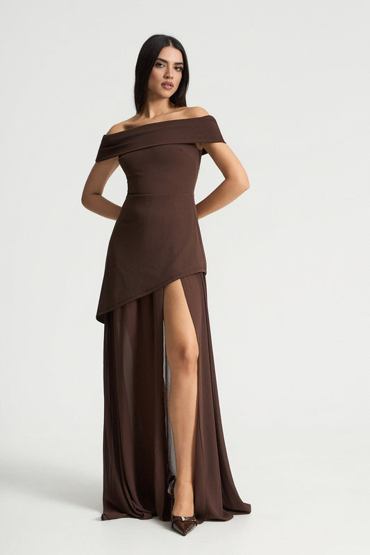 Φόρεμα με έξω ώμους και διαφάνεια